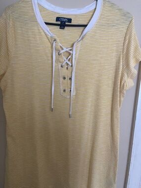 Chaps Women's Yellow Stripe Lace-Up Knit Top